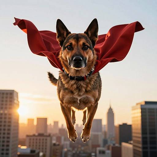 Superhero Dog Flying Over Skyscrapers