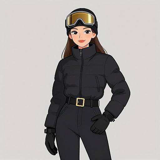 Digital anime-style drawing of a young woman with long brown hair, wearing black ski gear, gloves, and goggles, standing against a white background.