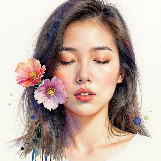 Watercolor portrait of a serene, young woman with closed eyes, dark hair, and pink and purple flowers in her hair, against a white background.
