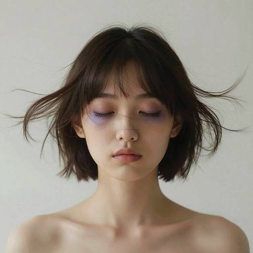 Photograph of a young woman with short, tousled black hair, closed eyes, purple eyeshadow, fair skin, and bare shoulders, against