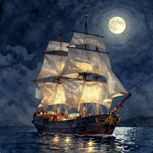 Illustration of a glowing, illuminated sailing ship under a bright full moon, with reflected lights on dark, calm ocean water.