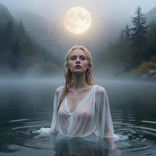 Ethereal Woman in Misty Alpine Lake