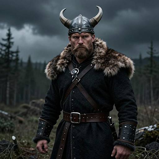 Photograph of a bearded Viking warrior with a metal horned helmet, fur-trimmed black coat, and leather belt, standing in a dark