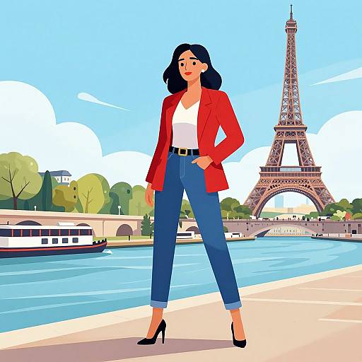 Digital illustration of a confident woman with black hair, red blazer, white top, blue pants, and black heels, standing by the Seine with