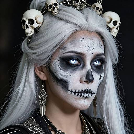 Photograph of a pale-skinned woman with white hair, skull headpiece, black and white sugar skull makeup, glowing eyes, wearing gothic jewelry