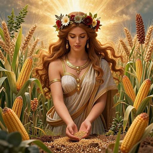 Digital painting of a goddess with wavy red hair, flower crown, gold necklace, white toga, picking grains in a sunlit cornfield.