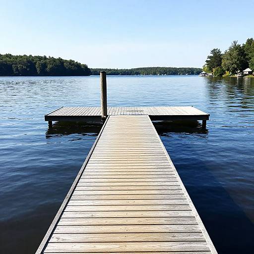 Photograph of a wooden pier extending into a calm, blue lake with two small platforms, surrounded by lush, green trees under a clear sky.