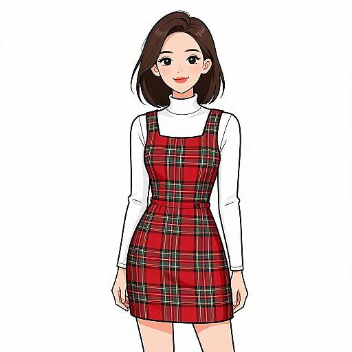 Digital anime-style drawing of a smiling young woman with shoulder-length brown hair, wearing a white turtleneck under a red plaid dress.