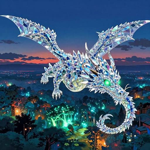 Digital artwork of a glowing, crystalline dragon soaring over a city at twilight, illuminated by vibrant street lights and surrounded by dark trees.