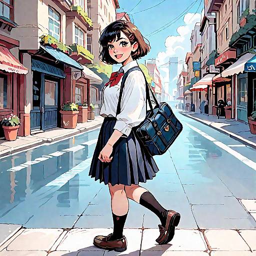 Gentle Schoolgirl Smiling on City Street
