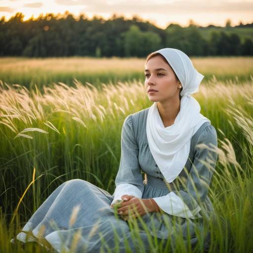 Serene Woman in White Headscarf Sitting in Green Field