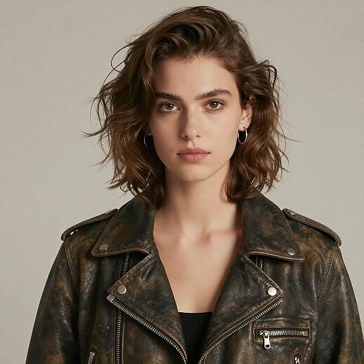 Photograph of a young woman with wavy brown hair, wearing a dark, textured leather jacket and hoop earrings, against a plain light gray background.