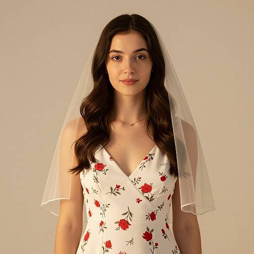 Photograph of a young woman with long dark hair, wearing a white floral dress with red roses and a sheer veil, standing against a plain beige background