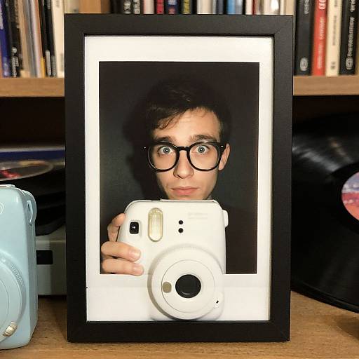 Photograph of a man with black glasses, short dark hair, and pale skin, taking a selfie with a white camera in a black-framed mirror