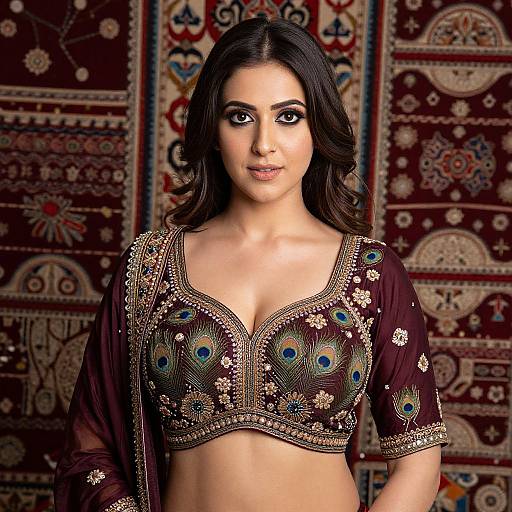 Photograph of an Indian woman with dark hair, brown eyes, wearing an ornate peacock-patterned top and shawl, set against a rich