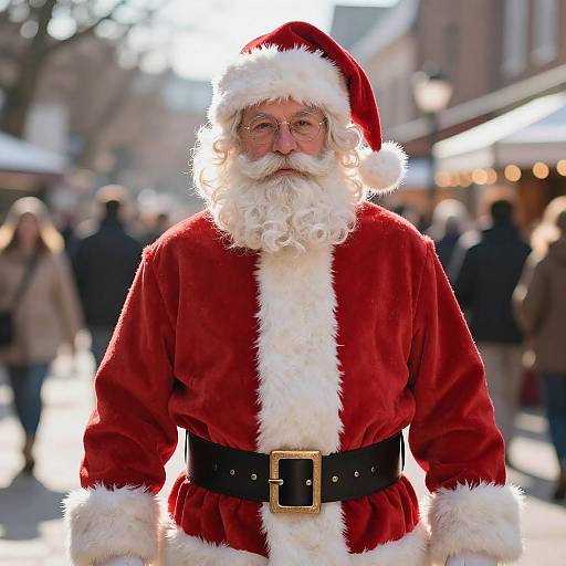 Photograph of a Santa Claus figure with a full white beard, red velvet suit, black belt, and hat, standing in a sunlit, bustling