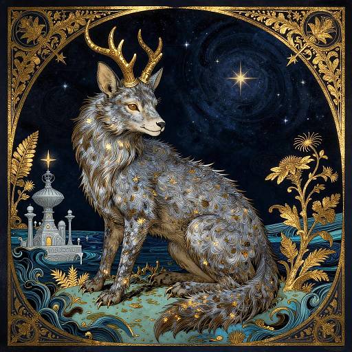 Digital art of a mystical, antlered wolf with starry fur, golden accents, sitting beside an ornate mosque on a moonlit ocean,