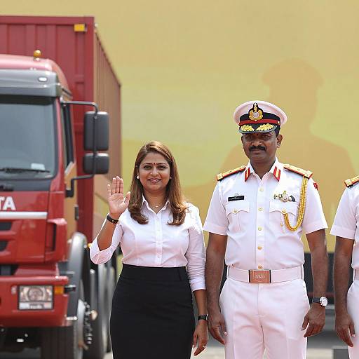 Woman and Naval Officer Posing Near Truck
