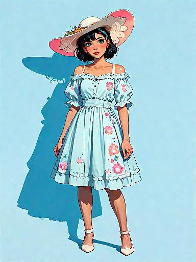 Woman in Floral Bohemian Dress and Wide-Brimmed Hat
