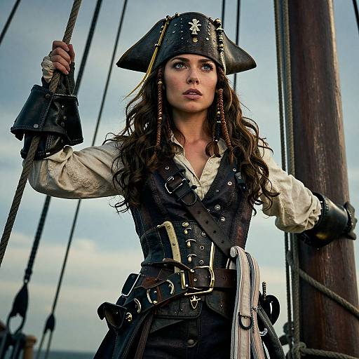 Photograph of a fierce, young woman pirate with long brown hair, wearing a black tricorn hat, white shirt, and dark vest, gripping a