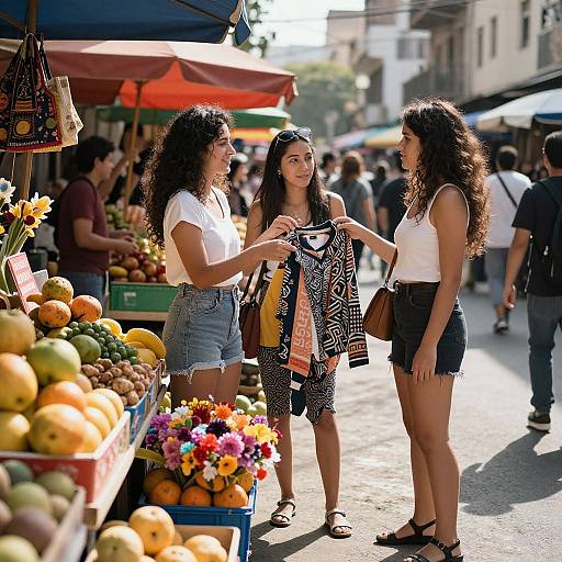Photograph of three curly-haired women in casual summer clothes, shopping at a vibrant outdoor market with colorful fruits and flowers.