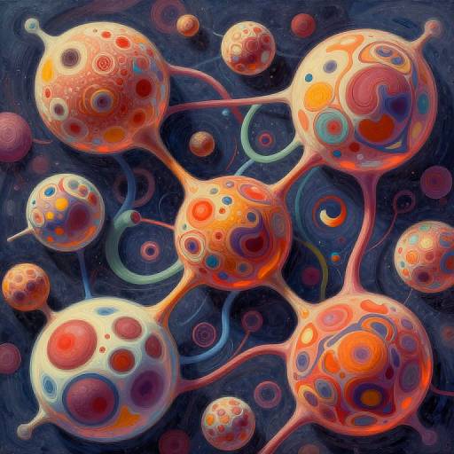 Digital art of colorful, abstract, orb-like molecules with swirling patterns and vibrant red, orange, and blue hues against a dark blue background.