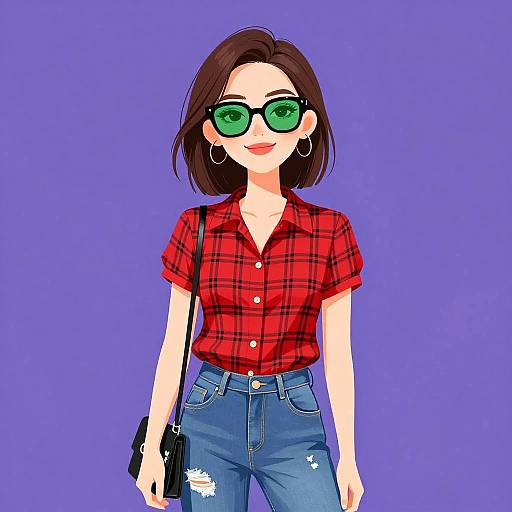 Smiling Woman in Casual Plaid Outfit