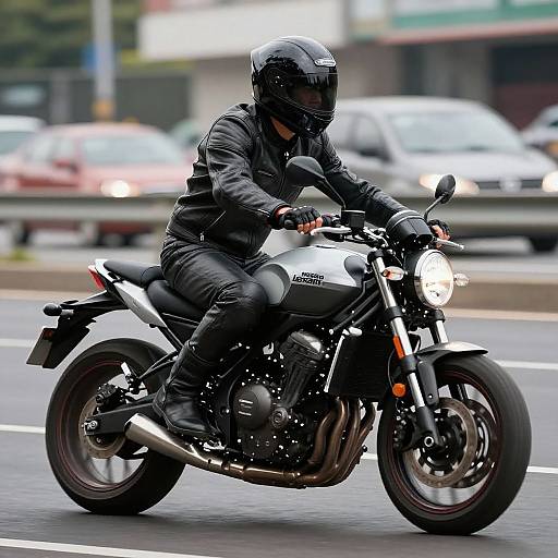 Photograph of a person in black leather gear and helmet riding a black and white Kawasaki motorcycle on a city street. Blurred cars and buildings in the