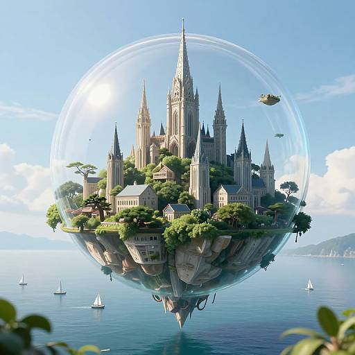 Digital fantasy artwork: floating, Gothic-style castle island with spires, greenery, and small boats, enclosed in a glowing, transparent sphere above a