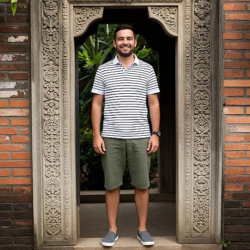 Photograph of a smiling, bearded man with short hair, wearing a black-and-white striped shirt, green shorts, and blue slip-ons, standing