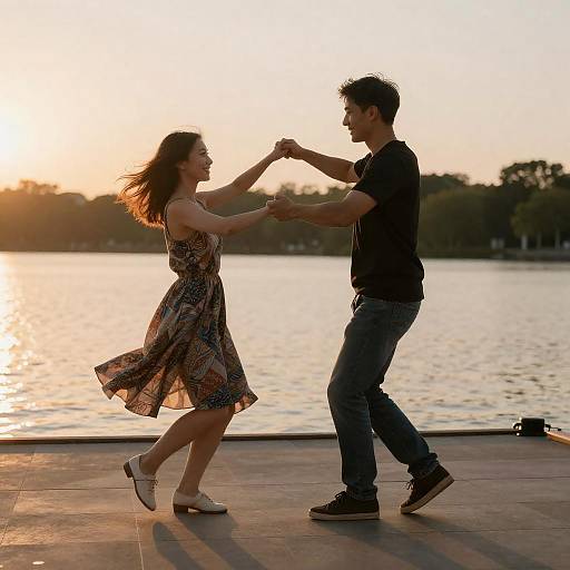 Romantic Sunset Dance on Tiled Dock