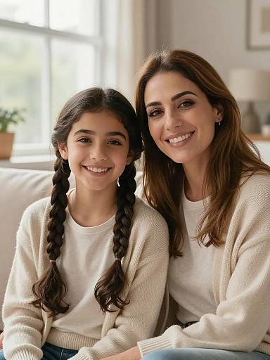 Mother and Daughter Smiling Together on Sofa
