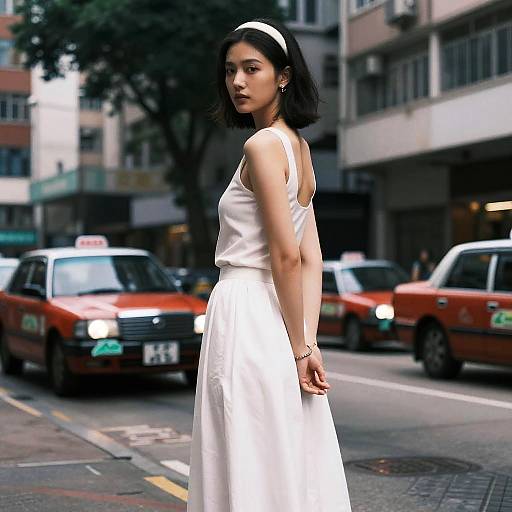 Photograph of an Asian woman with short black hair, wearing a white headband, sleeveless white dress, standing on a busy city street with red
