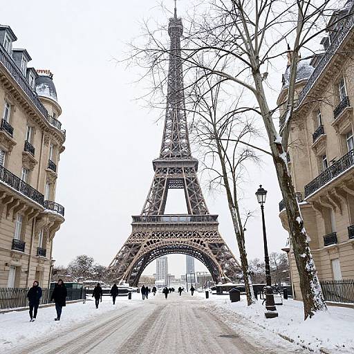 Photograph of the Eiffel Tower in Paris, surrounded by snow-covered ground, leafless trees, and classic buildings on both sides. People walk
