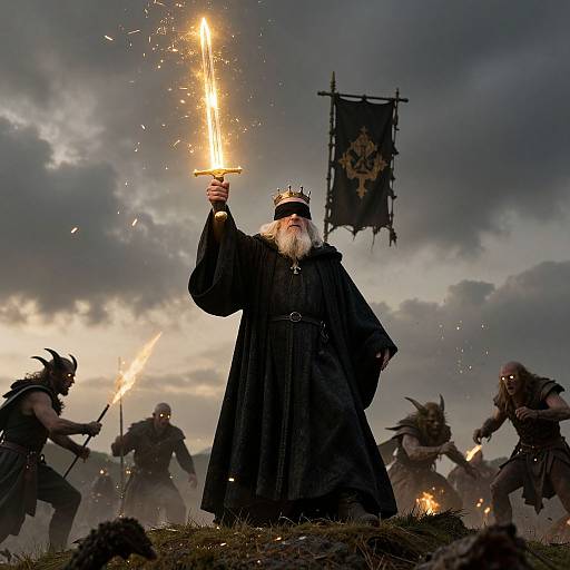 Photograph of a bearded wizard with a glowing sword, black cloak, and crown, leading battle-worn warriors under a stormy sky. Dark