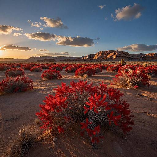 Vibrant Desert Sunset with Red Shrubs