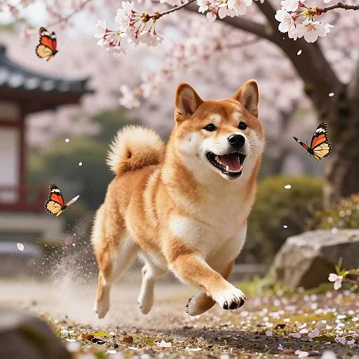 Shiba Inu Chasing Butterflies in Garden