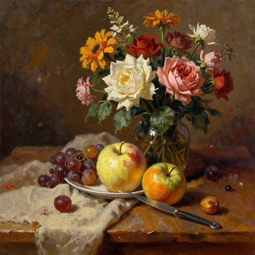 Still life painting of a floral vase with red, white, and orange flowers, surrounded by grapes, apples, and a knife on a wooden table.
