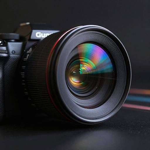 Close-up photograph of a Canon camera lens with a colorful, rainbow-like reflection on the lens element, against a dark background.