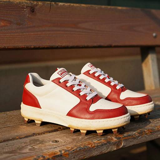 Photograph of retro red and white leather sneakers with white laces and wood-textured soles, placed on a weathered wooden bench.