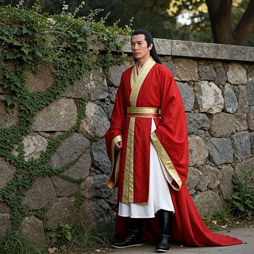 Photograph of an Asian man with long black hair, wearing a red and gold Korean royal robe, standing against a stone wall with ivy.