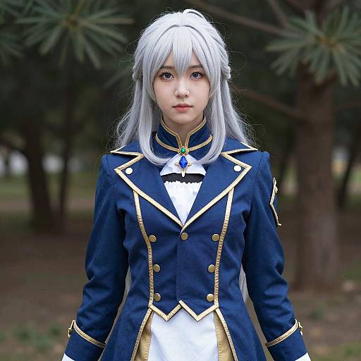Photorealistic digital art of an East Asian woman with silver hair in a blue and gold military-style cosplay outfit, standing in a forest.