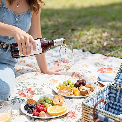 Photograph of a woman in a denim dress pouring wine onto a picnic table with fruit, pastries, and a basket.