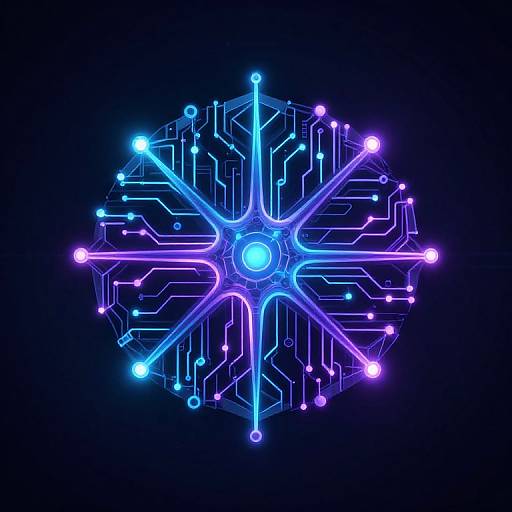 Neon digital art of a glowing, circular circuit pattern with blue, purple, and white lights on a dark background.