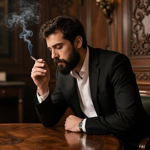 Bearded Man Smoking in Ornate Room