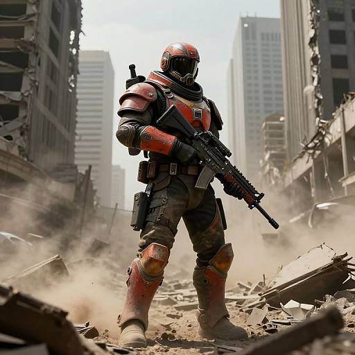 Photograph-style digital artwork of a futuristic soldier in red and black armor, holding a rifle, standing in a dusty, ruined urban street with tall,