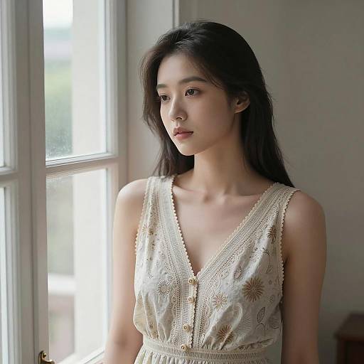 Serene Woman by Window in Light Dress