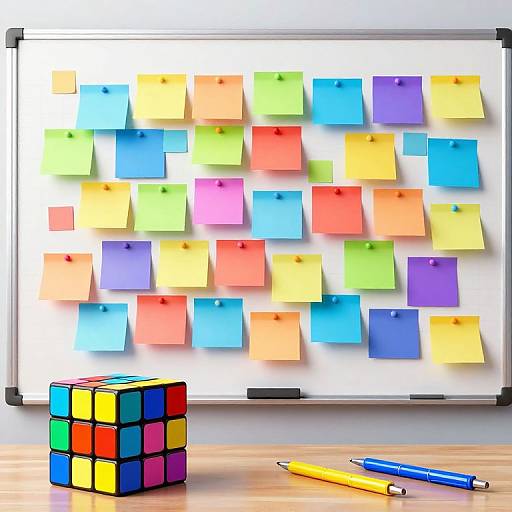 Photograph of a whiteboard with colorful sticky notes, a Rubik's cube, and three pens (yellow, blue, purple) on a wooden