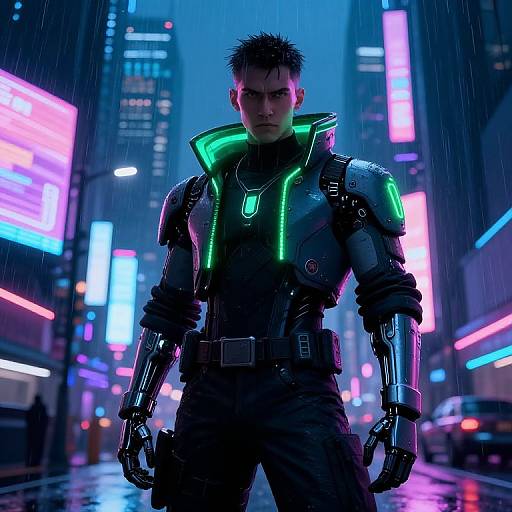 Cyberpunk street scene: muscular man with glowing neon-green armor, black hair, intense expression, rain, neon signs, futuristic cityscape, digital