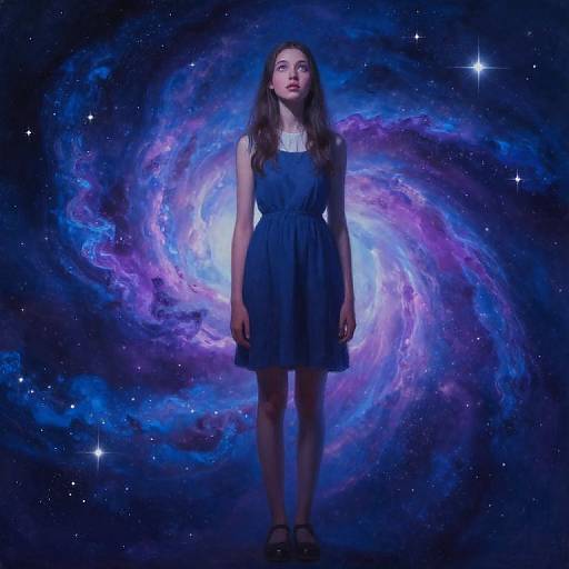 Photograph of a young woman with long brown hair in a blue dress, standing against a vibrant, swirling nebula backdrop.